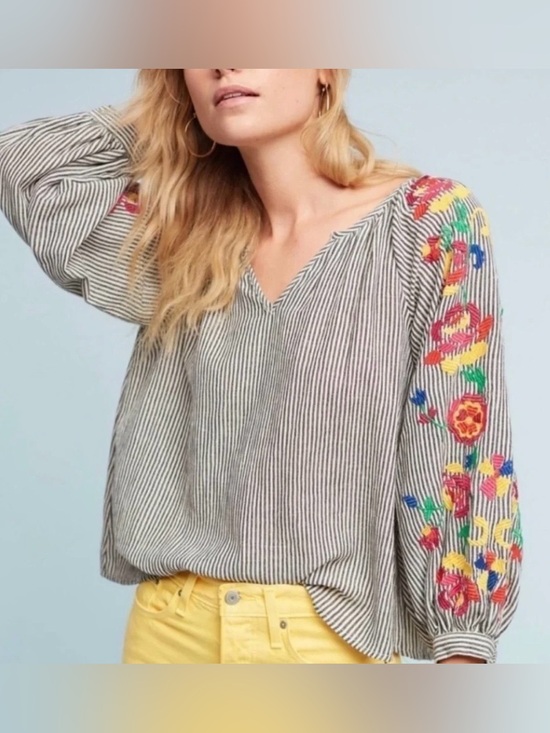 Anthropologie Tops - Anthropologie Floreat | Womens Blue/White Striped VNeck Embroidered Sleeve Top L